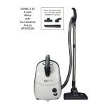 White canister vacuum cleaner with hose, wand, and attachments.