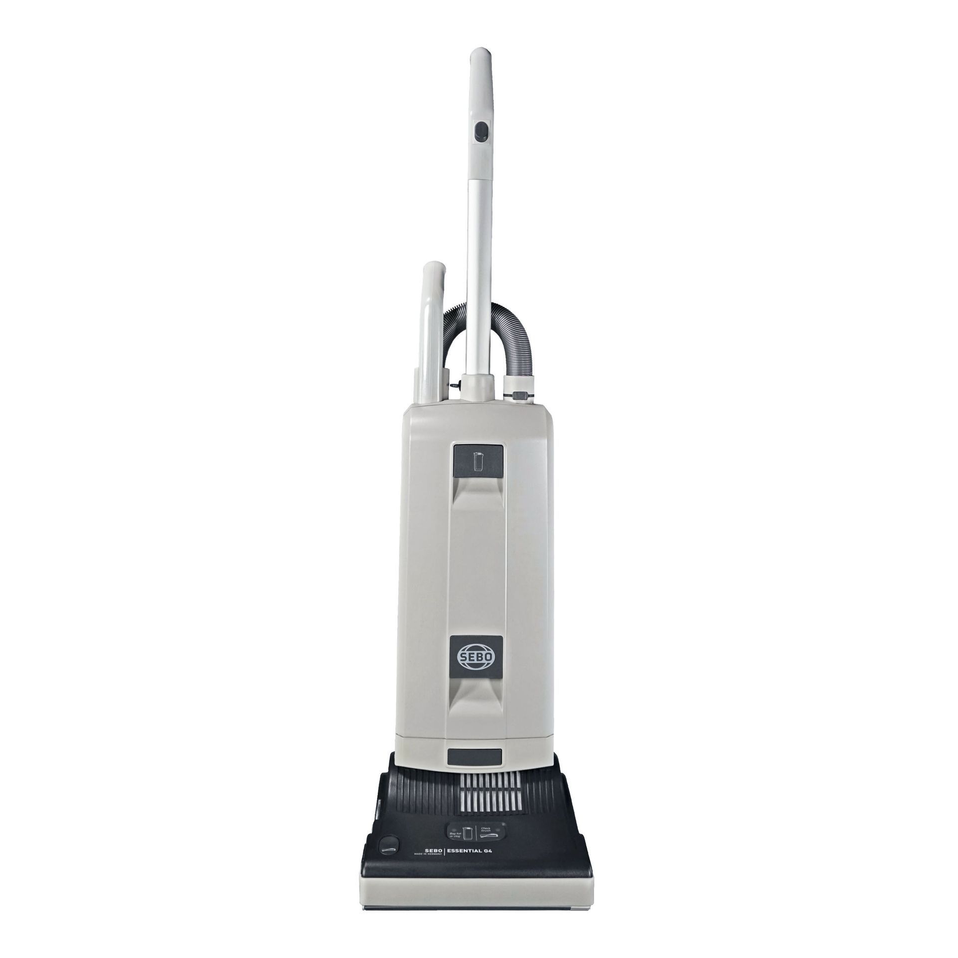 Upright cream-colored vacuum cleaner on white background.