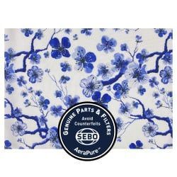Floral patterned fabric with blue flowers and branches, circular 
