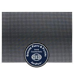 Black air filter with grid pattern, SEBO Aerapure logo.