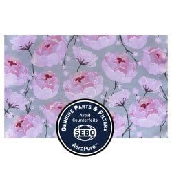 Floral design with a SEBO logo, featuring pink flowers on a gray background.