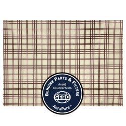 Plaid filter with SEBO logo: brown grid pattern on beige, dark blue logo.