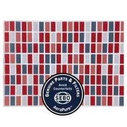 Filter with a red, blue, and gray tiled pattern and a circular 