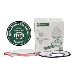 Sebo vacuum filters and bag on white background, includes green logo and packaging.