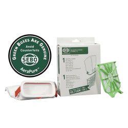 Sebo vacuum filter kit: Includes filters, a circular emblem, and a box.