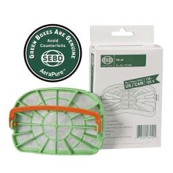 SEBO vacuum filter, replacement filter box, and authenticity badge with green and white design.