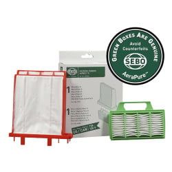 SEBO vacuum filters, including a red-framed filter and green filter, with packaging and a genuine seal.