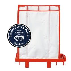 A red framed SEBO vacuum filter with a white filter element, marked 