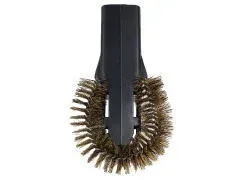 Black handled grill brush with circular brass bristles.