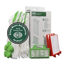 SEBO vacuum cleaner filters and accessories, including green and red filters, and packaging.
