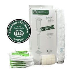 A SEBO AeraPure vacuum filter kit with replacement bags and filters.