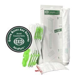 SEBO vacuum cleaner filter bags, including a box and individual bags.