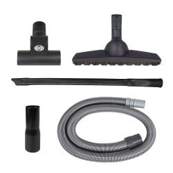 Vacuum cleaner attachment kit, black and gray pieces. Includes hose, brush, and nozzles.