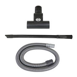 Black and gray vacuum cleaner attachments: hose, wand, and brush head.