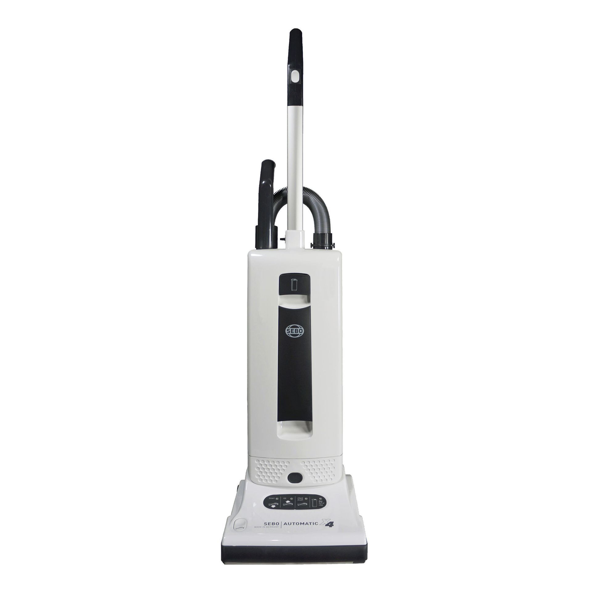 Upright vacuum cleaner, off-white body with black handle and hose.