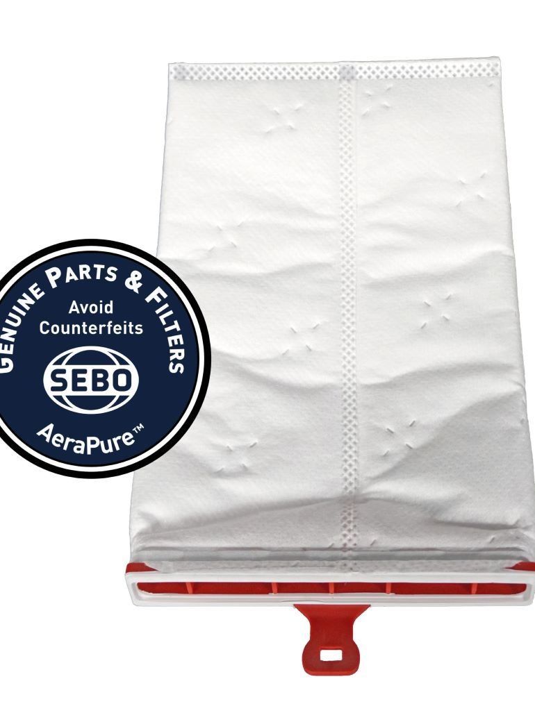 SEBO AeraPure vacuum cleaner bag with red handle and genuine parts logo.
