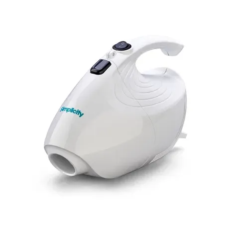 White hand vacuum cleaner with a black on/off button and handle.