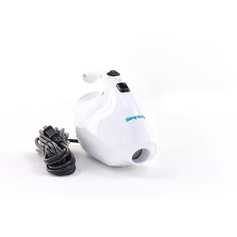 White hand vacuum cleaner with a black on/off button and handle.