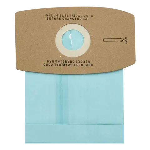 Vacuum cleaner bag, blue bag with tan cardboard top, safety instructions.