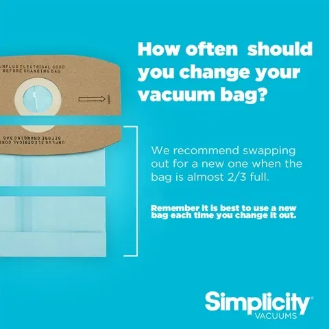 Vacuum cleaner bag, blue bag with tan cardboard top, safety instructions.