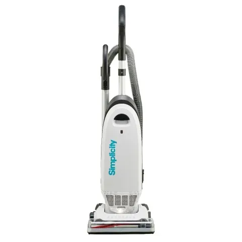 White Simplicity upright vacuum cleaner with a black handle and hose.