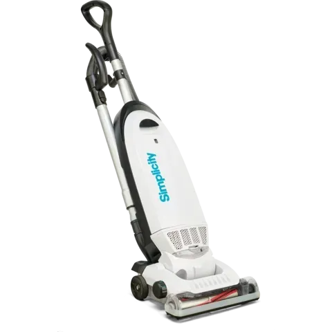 White Simplicity upright vacuum cleaner with a black handle and hose.