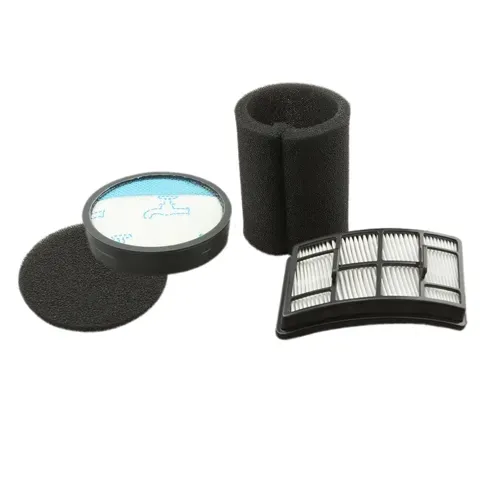 Set of vacuum cleaner filters: a round HEPA filter, two foam filters, and a pleated filter.