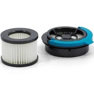 Two vacuum cleaner filters: cylindrical pleated filter and a filter with a blue ring.