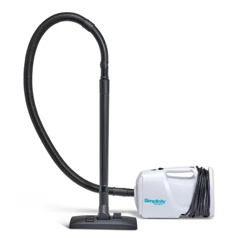White and black Simplicity canister vacuum with hose and handle.