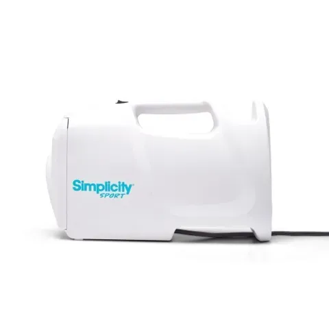 White and black Simplicity canister vacuum with hose and handle.