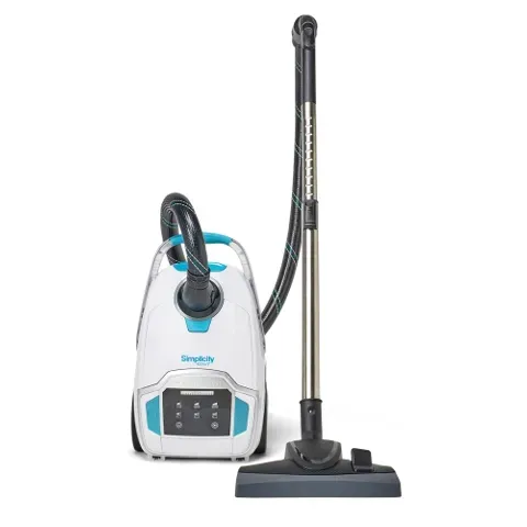 White and teal canister vacuum cleaner with attachments on a white background.