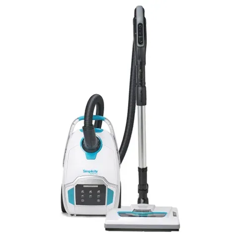 White and blue canister vacuum cleaner with hose, wand, and floor brush.