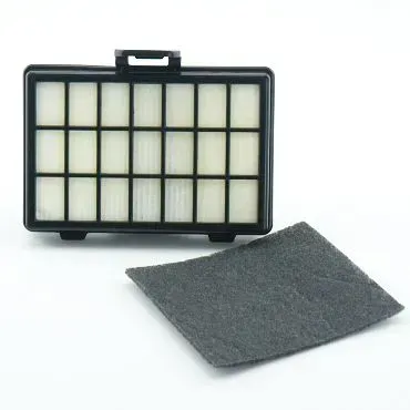 Black vacuum filter frame with attached grid, and separate gray filter pad.