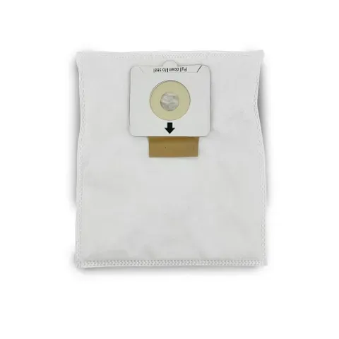 White vacuum cleaner bag with cardboard collar and arrow.
