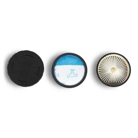Three circular vacuum filters, different designs, laid out on a white surface.
