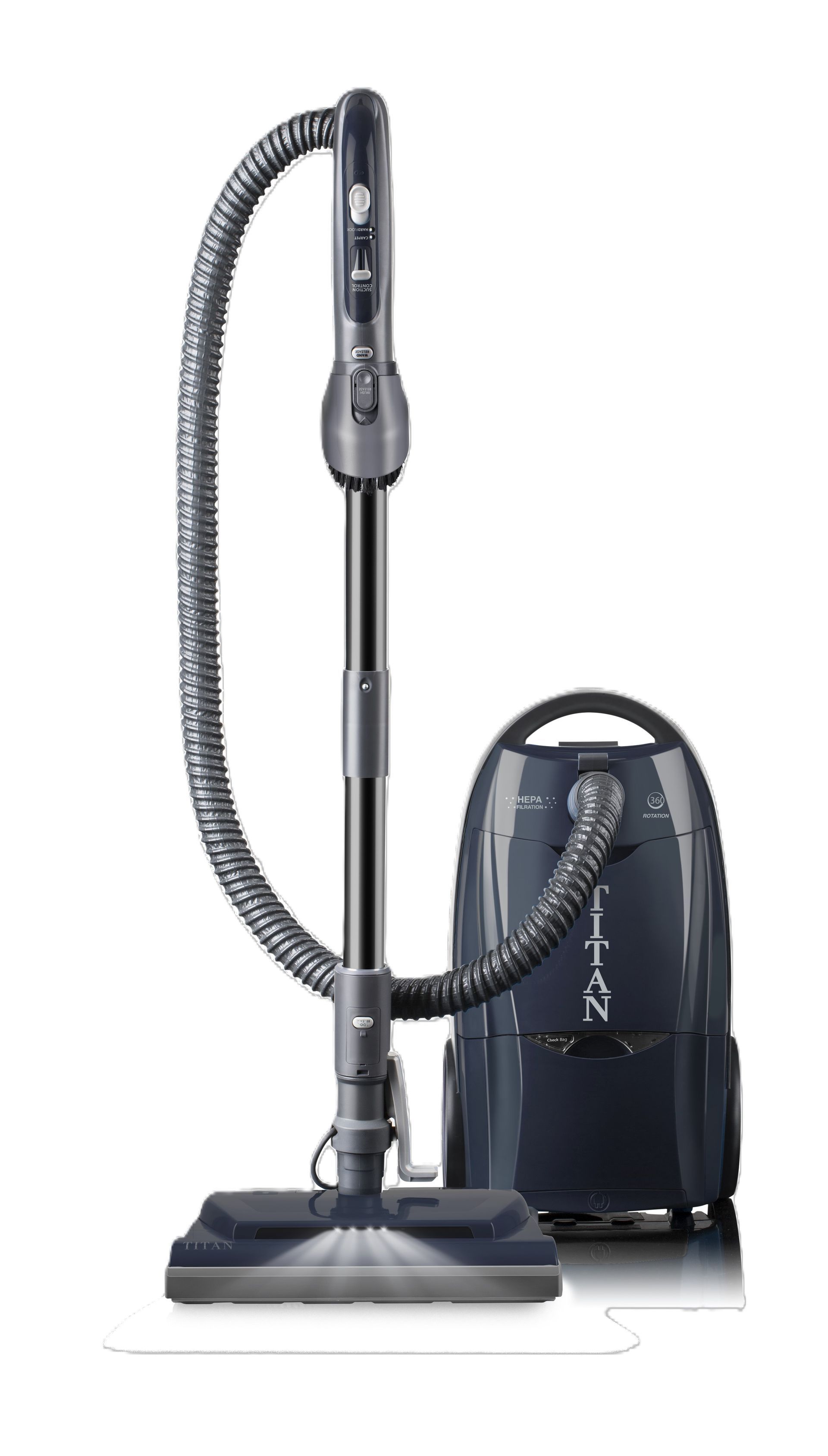 Dark gray upright vacuum cleaner with hose and wand.