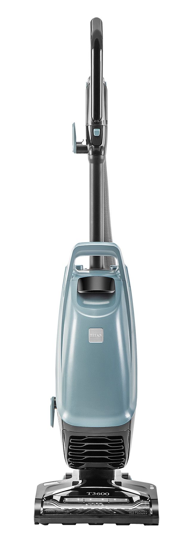 Upright teal vacuum cleaner on white background.