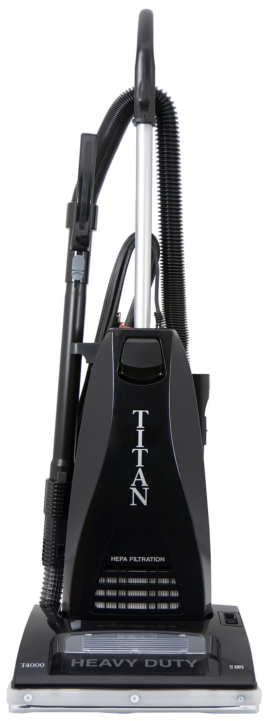 Black upright vacuum cleaner with the words 
