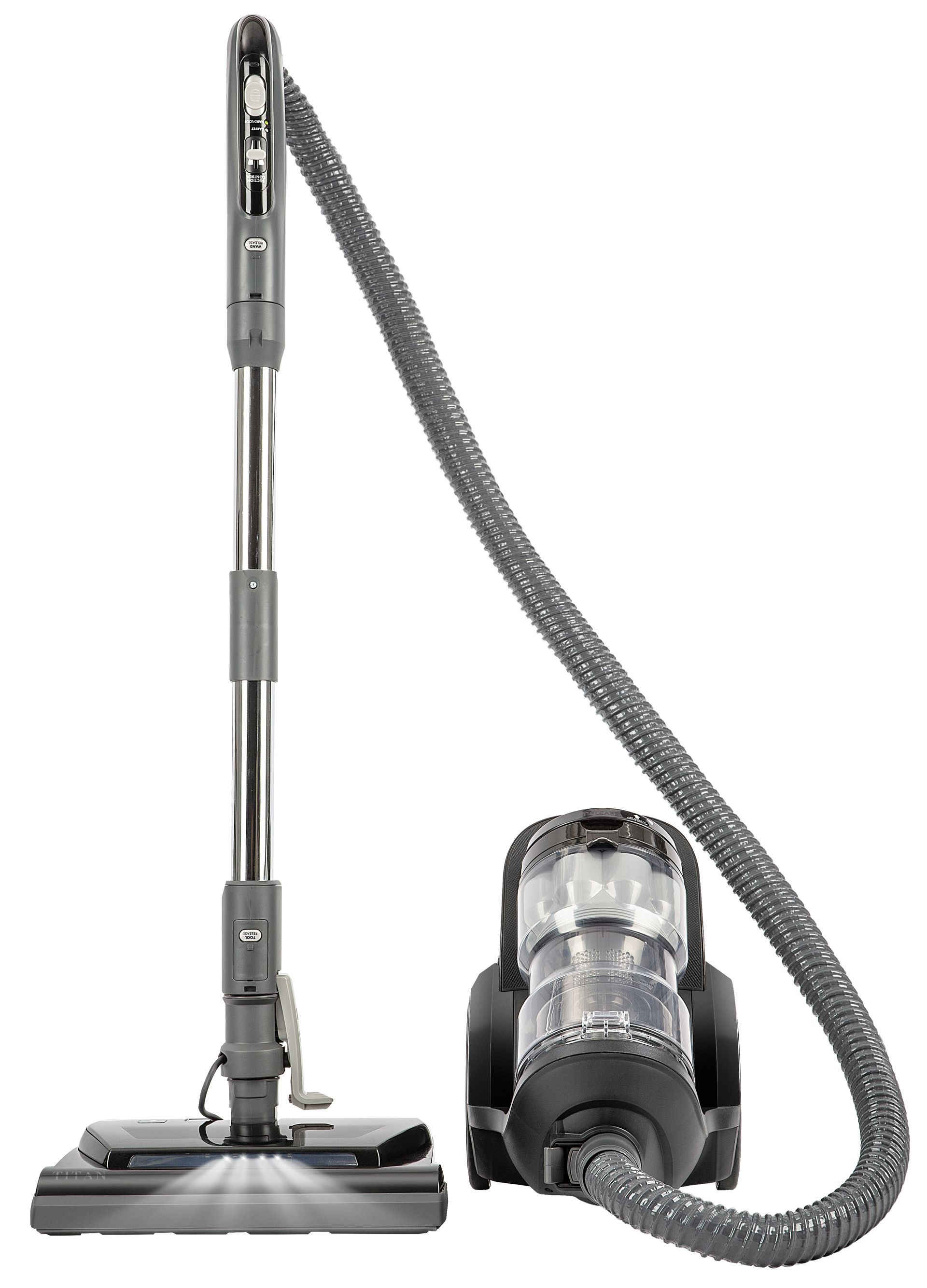 Gray and black canister vacuum cleaner with upright wand and hose, on a white background.