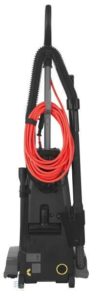 Upright Titan vacuum cleaner, beige body, black hose and handle, red tube.