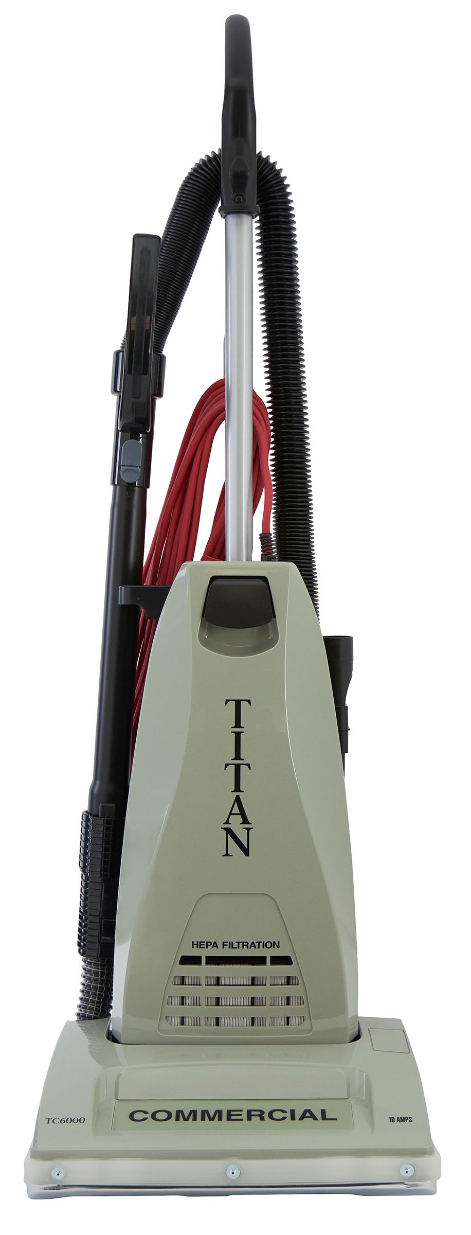 Upright Titan vacuum cleaner, beige body, black hose and handle, red tube.