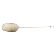 A light-colored timpani mallet with a fuzzy head and a long wooden handle.