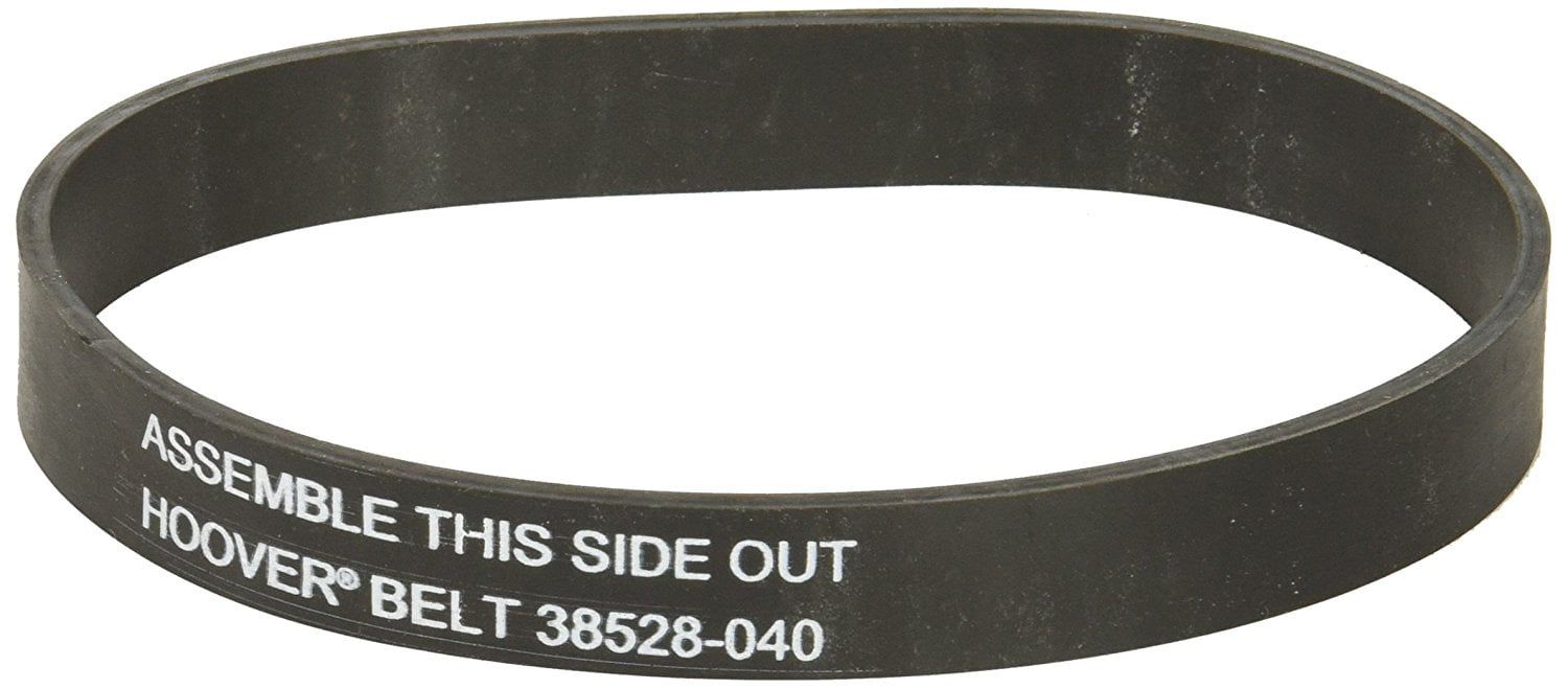 Black rubber vacuum cleaner belt with white text reading 