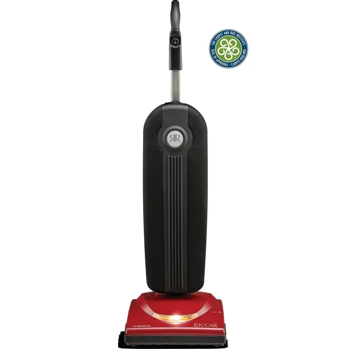 Upright red and black vacuum cleaner with a green and blue seal.