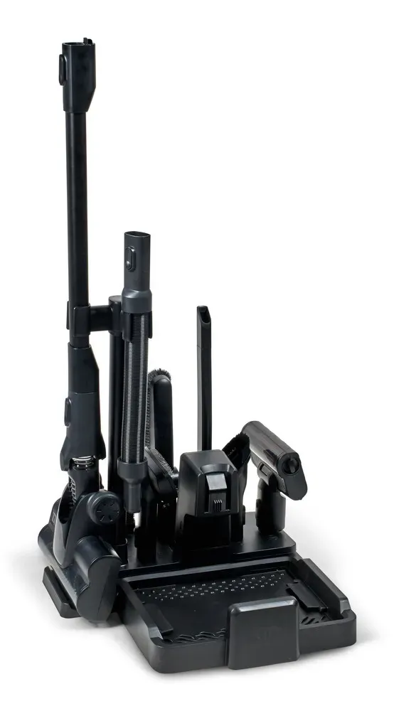 Black medical device with multiple arms and adjustable components, on a black base.