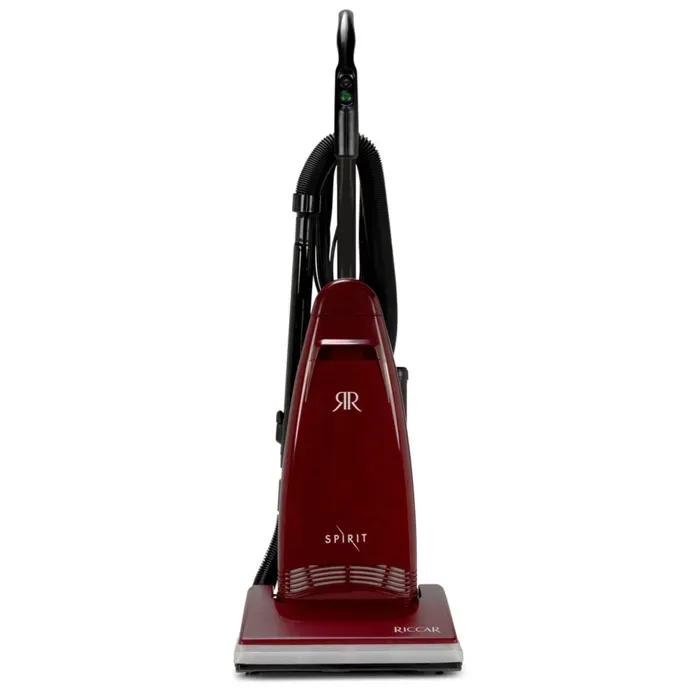 Red upright vacuum cleaner on a white background.
