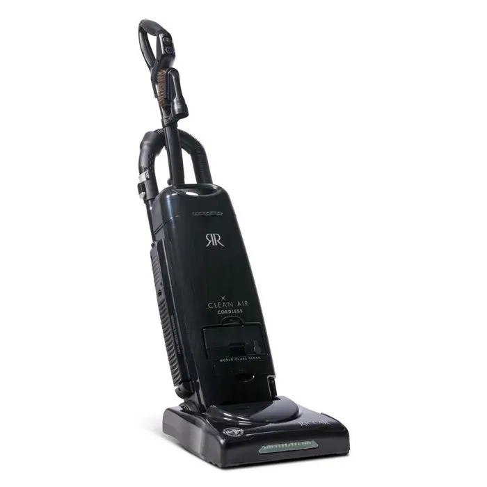 Black upright vacuum cleaner on a white background.