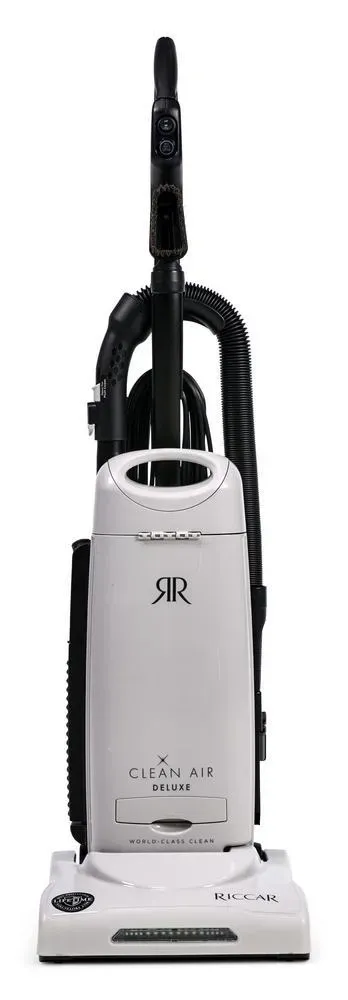Upright white vacuum cleaner with black accents.