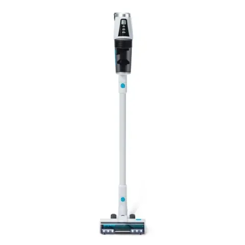 White and teal cordless stick vacuum on a white background.
