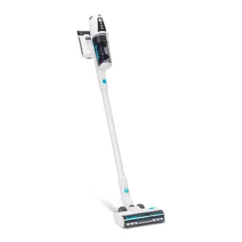 White and teal cordless stick vacuum on a white background.